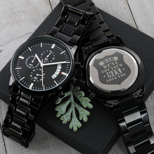 Men's Engraved Watch, We've Got Your Six, Charcoal Black, Gift Watch